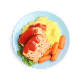 Photo of Delicious baked turkey meatloaf, mashed potato, carrots and ketchup isolated on white, top view