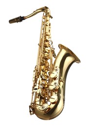 Photo of Jazz. One beautiful saxophone isolated on white