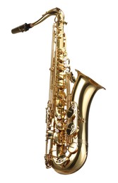 Photo of Jazz. One beautiful saxophone isolated on white