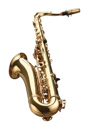 Photo of Jazz. One beautiful saxophone isolated on white