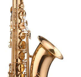 Photo of Jazz. One beautiful saxophone isolated on white