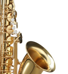 Photo of Jazz. One beautiful saxophone isolated on white