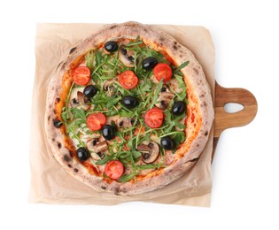 Photo of Tasty pizza with cherry tomatoes, black olives, mushrooms and arugula isolated on white, top view