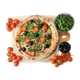 Photo of Tasty pizza with cherry tomatoes, black olives, mushrooms and arugula isolated on white, top view