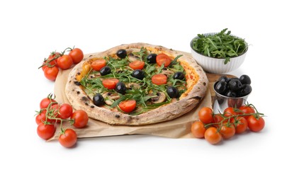 Photo of Tasty pizza with cherry tomatoes, black olives, mushrooms and arugula isolated on white