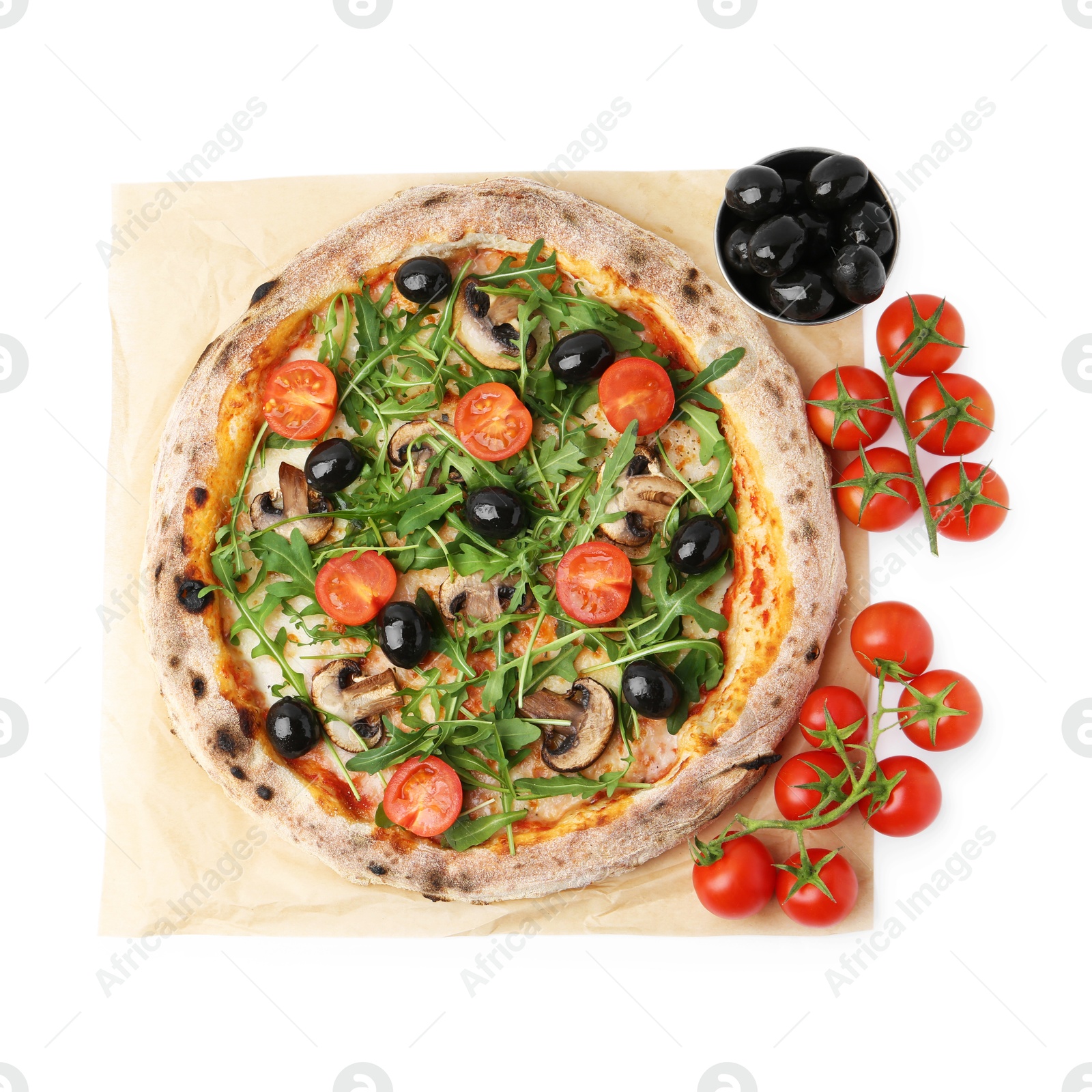 Photo of Tasty pizza with cherry tomatoes, black olives, mushrooms and arugula isolated on white, top view