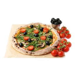 Photo of Tasty pizza with cherry tomatoes, black olives, mushrooms and arugula isolated on white