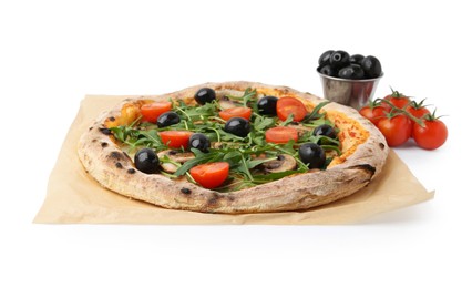 Photo of Tasty pizza with cherry tomatoes, black olives, mushrooms and arugula isolated on white