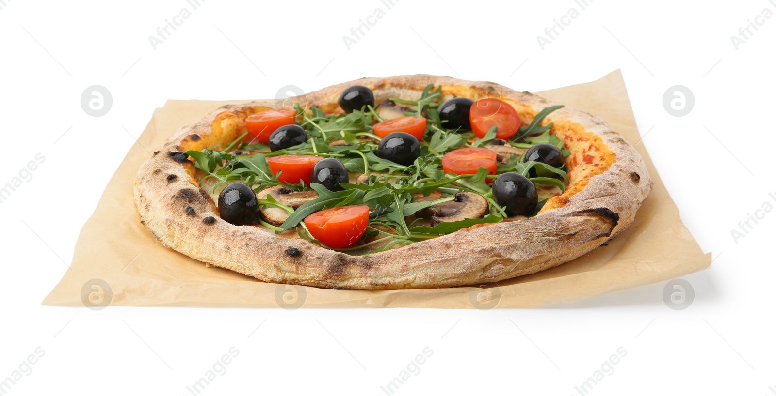 Photo of Tasty pizza with cherry tomatoes, black olives, mushrooms and arugula isolated on white