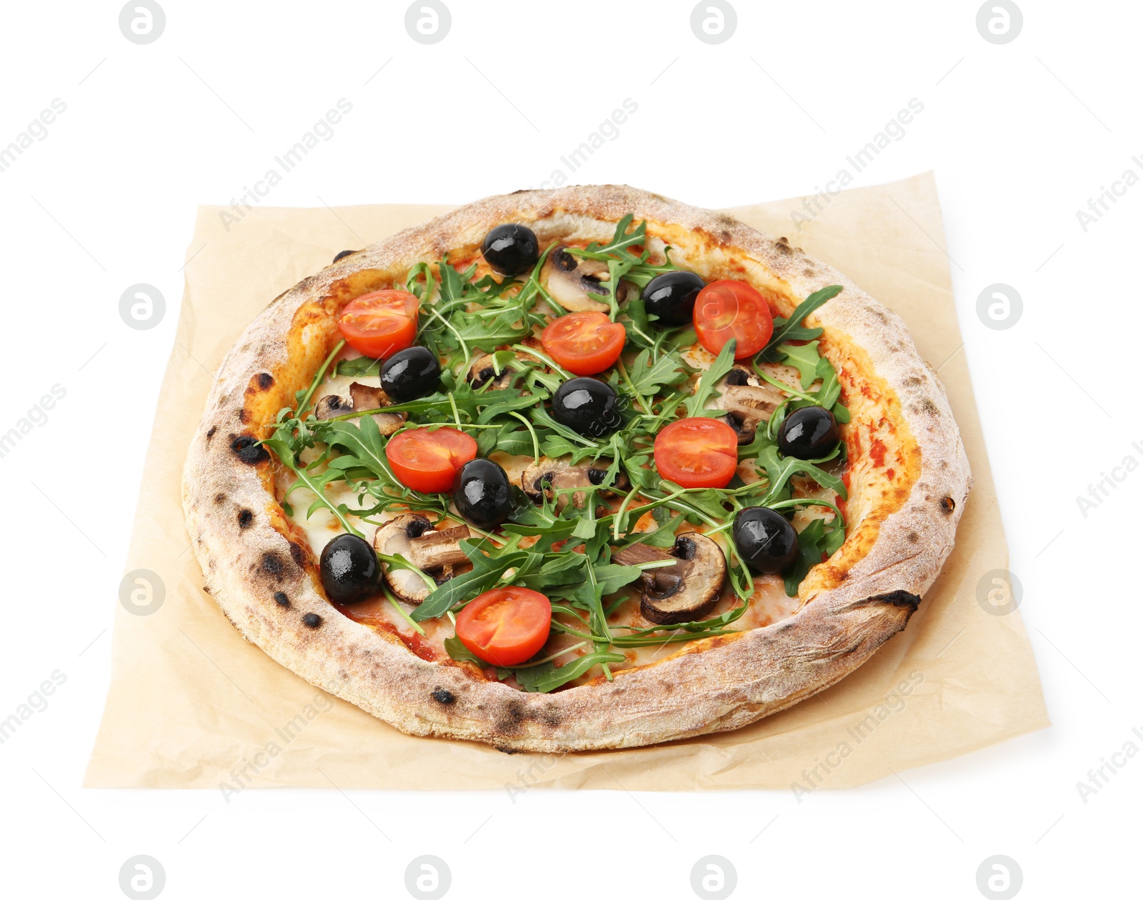 Photo of Tasty pizza with cherry tomatoes, black olives, mushrooms and arugula isolated on white