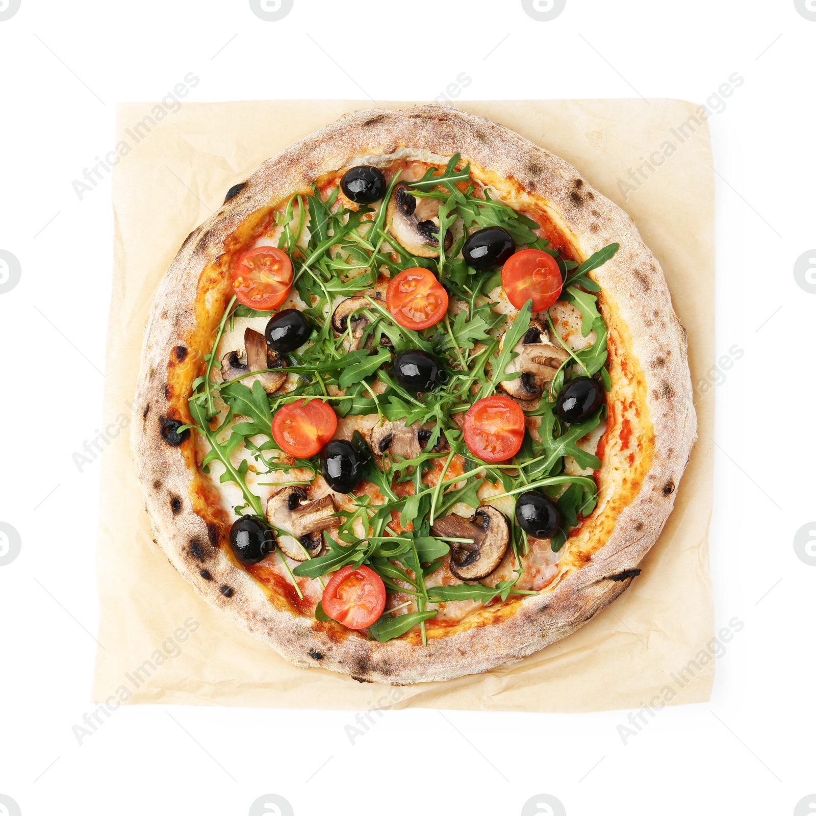 Photo of Tasty pizza with cherry tomatoes, black olives, mushrooms and arugula isolated on white, top view