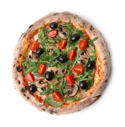 Photo of Tasty pizza with cherry tomatoes, black olives, mushrooms and arugula isolated on white, top view