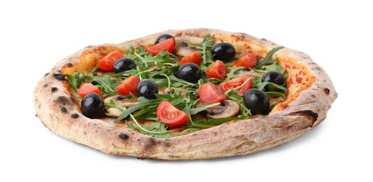 Photo of Tasty pizza with cherry tomatoes, black olives, mushrooms and arugula isolated on white