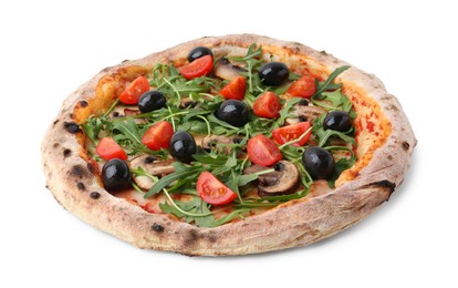 Photo of Tasty pizza with cherry tomatoes, black olives, mushrooms and arugula isolated on white