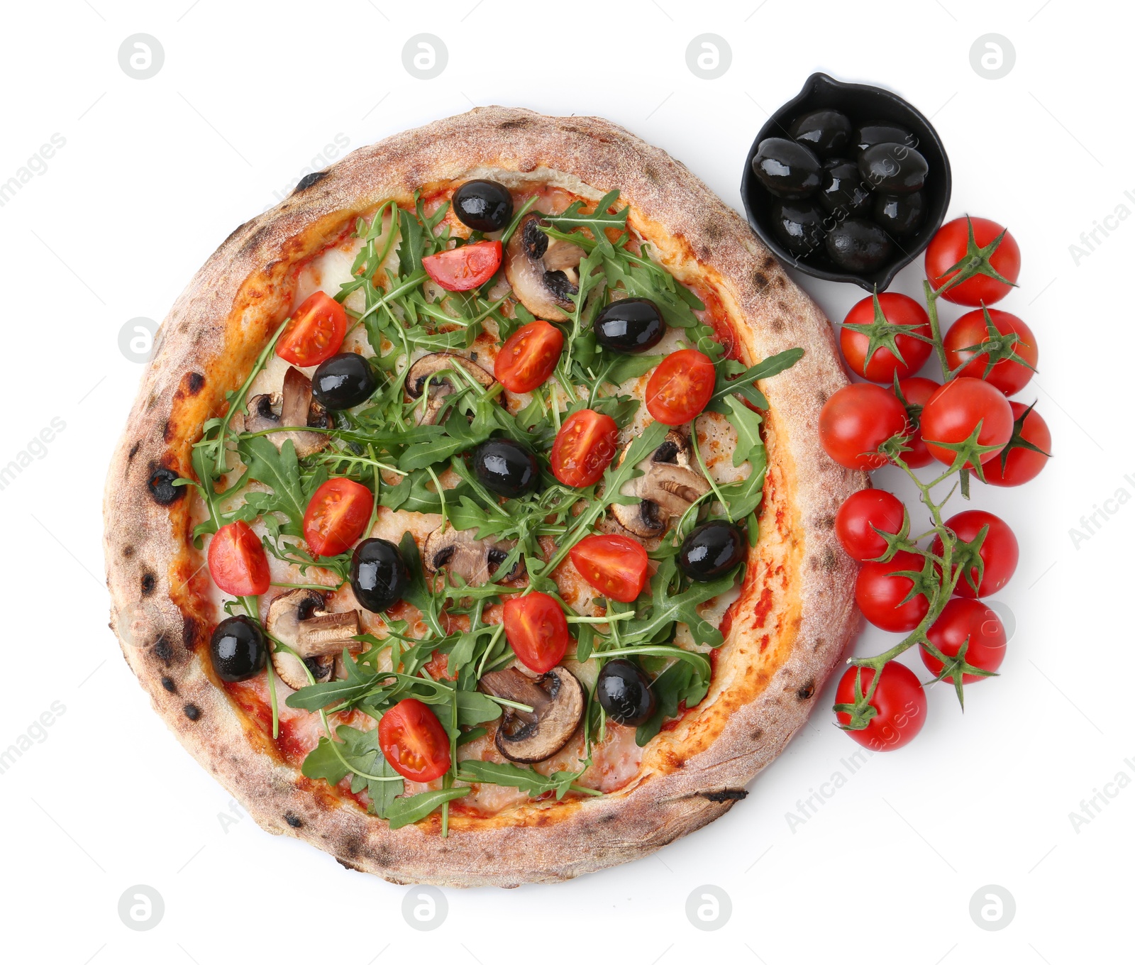 Photo of Tasty pizza with cherry tomatoes, black olives, mushrooms and arugula isolated on white, top view