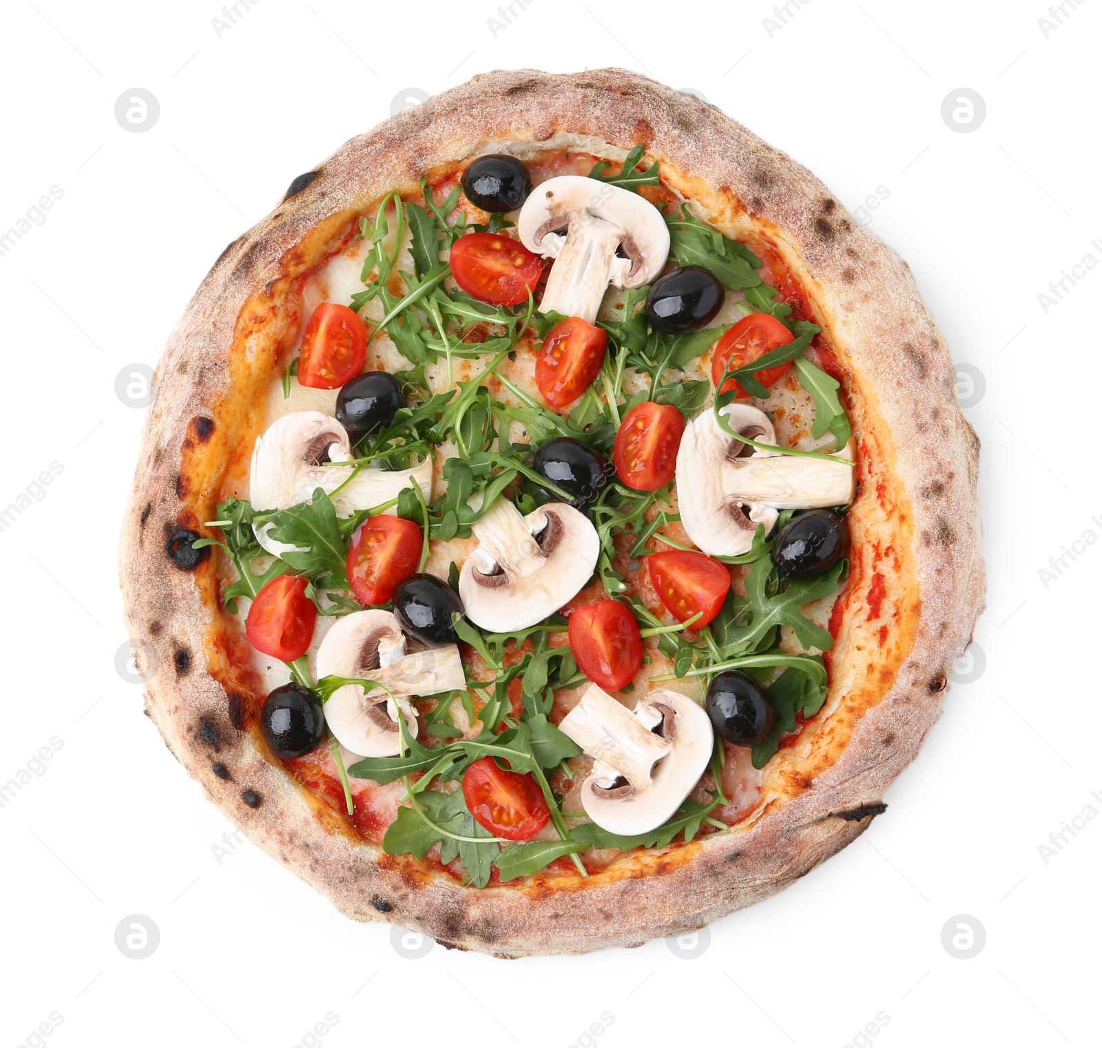 Photo of Tasty pizza with cherry tomatoes, black olives, mushrooms and arugula isolated on white, top view