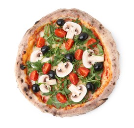 Photo of Tasty pizza with cherry tomatoes, black olives, mushrooms and arugula isolated on white, top view