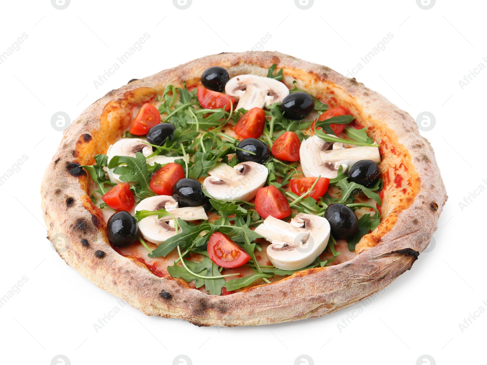 Photo of Tasty pizza with cherry tomatoes, black olives, mushrooms and arugula isolated on white