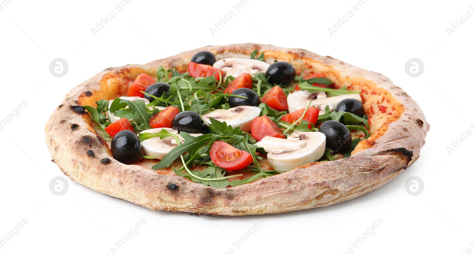 Photo of Tasty pizza with cherry tomatoes, black olives, mushrooms and arugula isolated on white