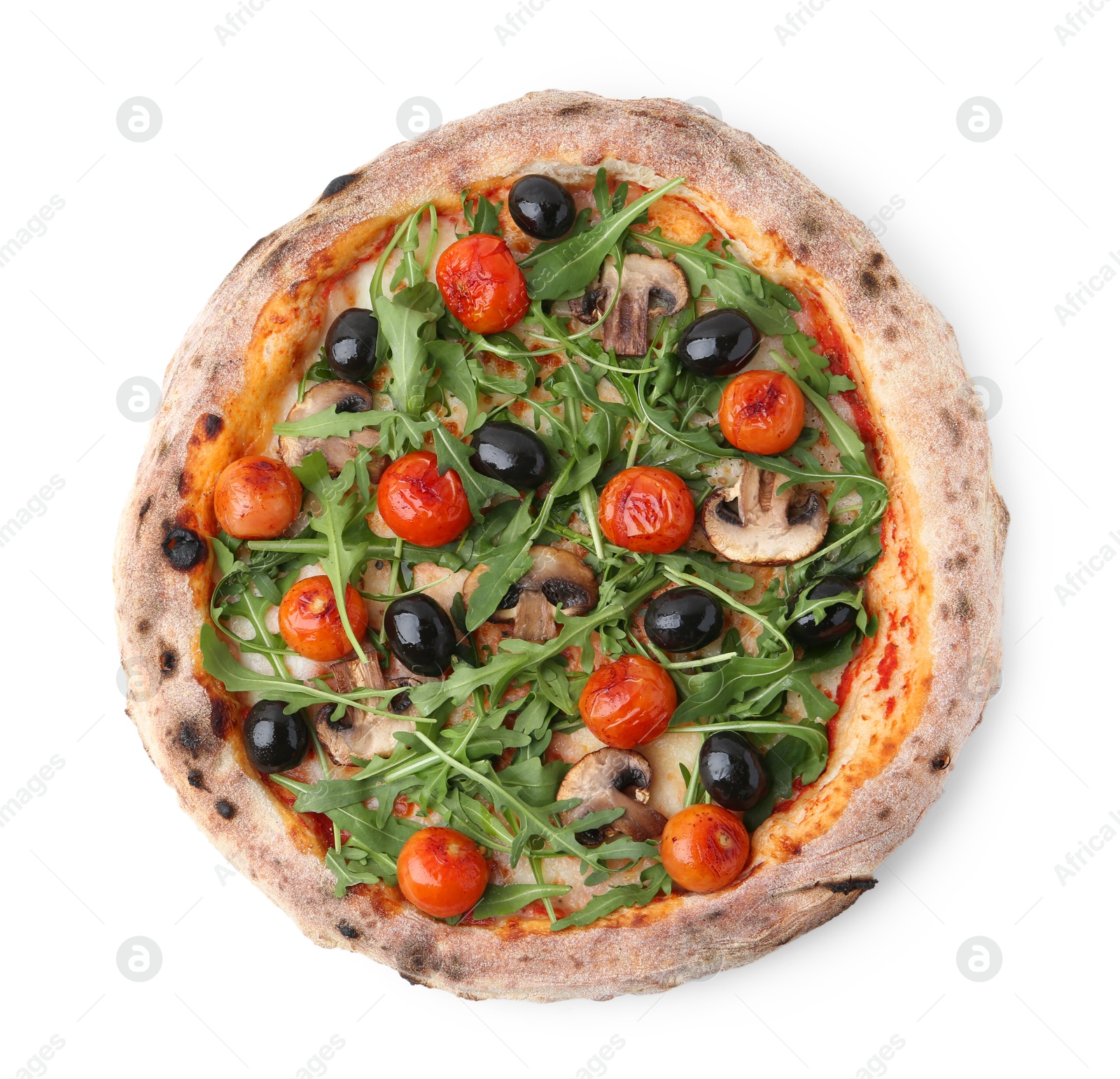 Photo of Tasty pizza with cherry tomatoes, black olives, mushrooms and arugula isolated on white, top view