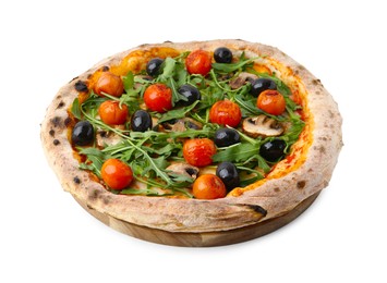 Photo of Tasty pizza with cherry tomatoes, black olives, mushrooms and arugula isolated on white