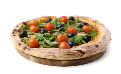 Photo of Tasty pizza with cherry tomatoes, black olives, mushrooms and arugula isolated on white