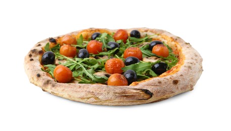 Photo of Tasty pizza with cherry tomatoes, black olives, mushrooms and arugula isolated on white