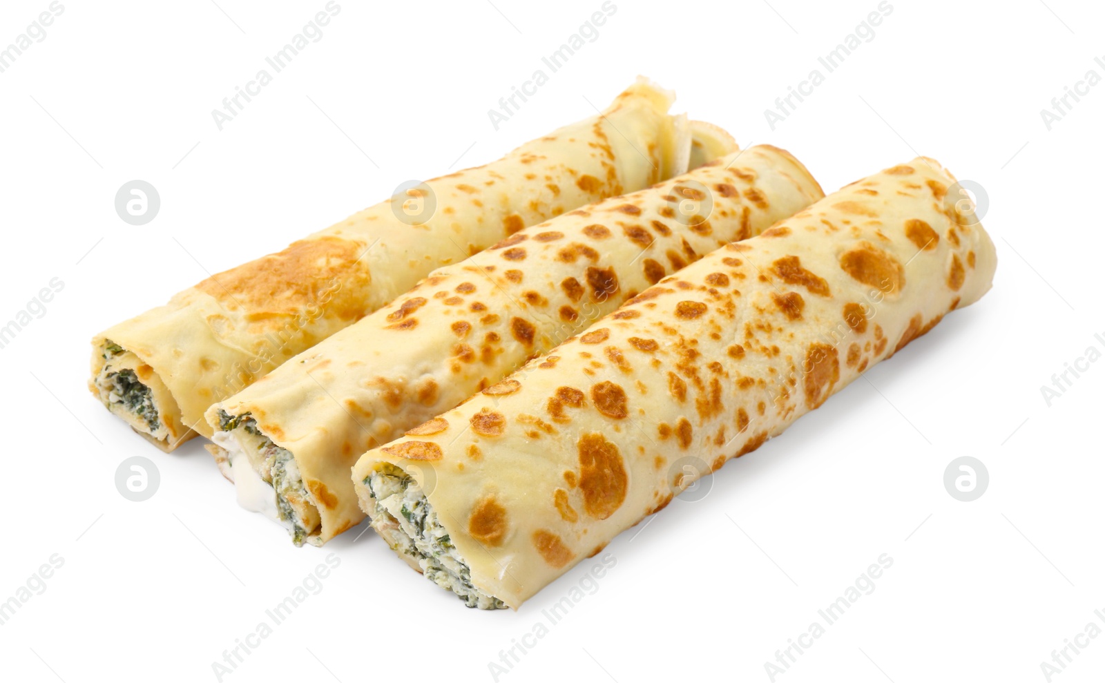 Photo of Tasty rolled crepes with cottage cheese and spinach isolated on white