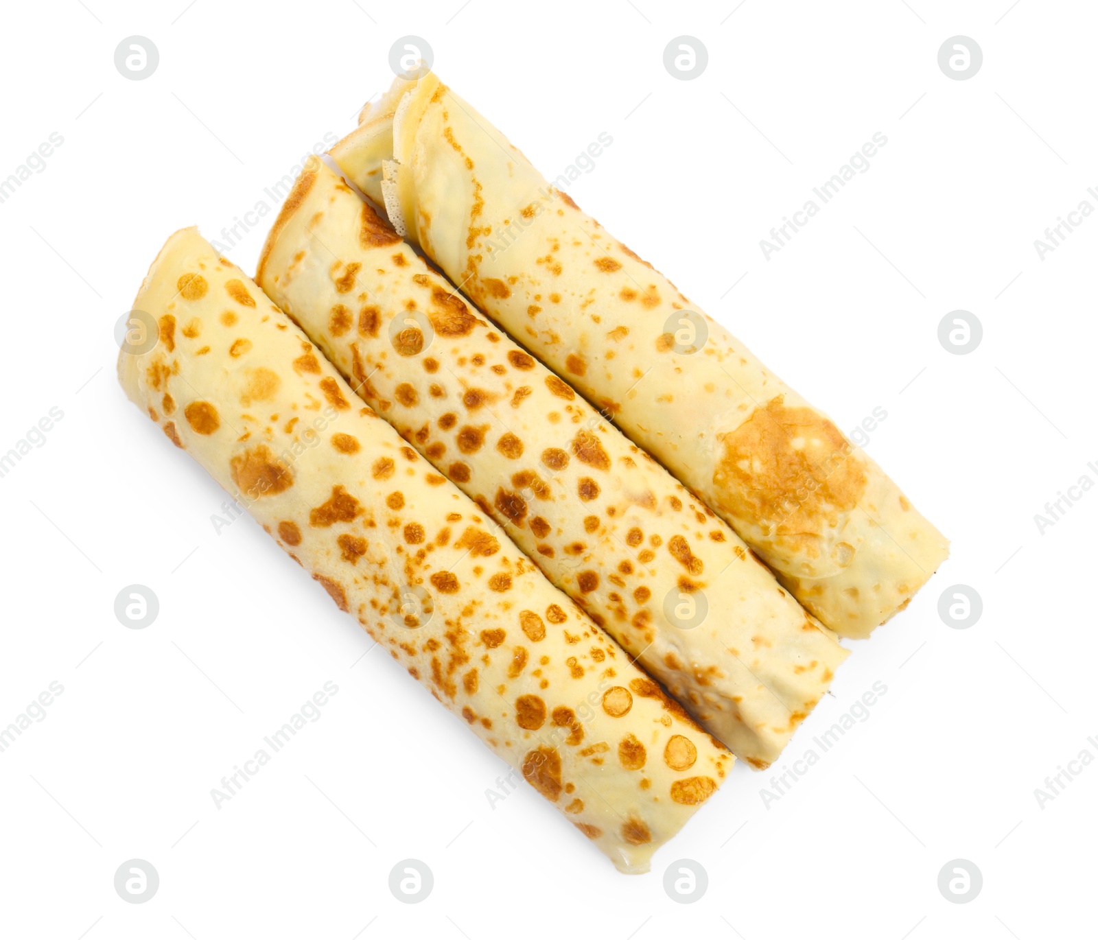 Photo of Tasty rolled crepes with cottage cheese and spinach isolated on white, top view