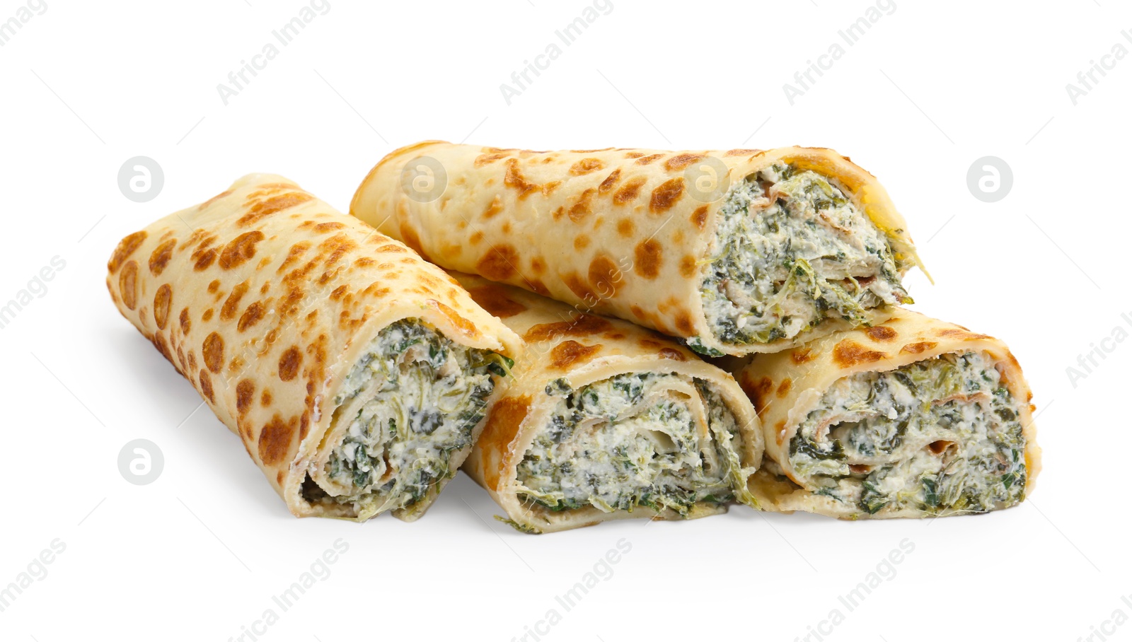 Photo of Tasty rolled crepes with cottage cheese and spinach isolated on white