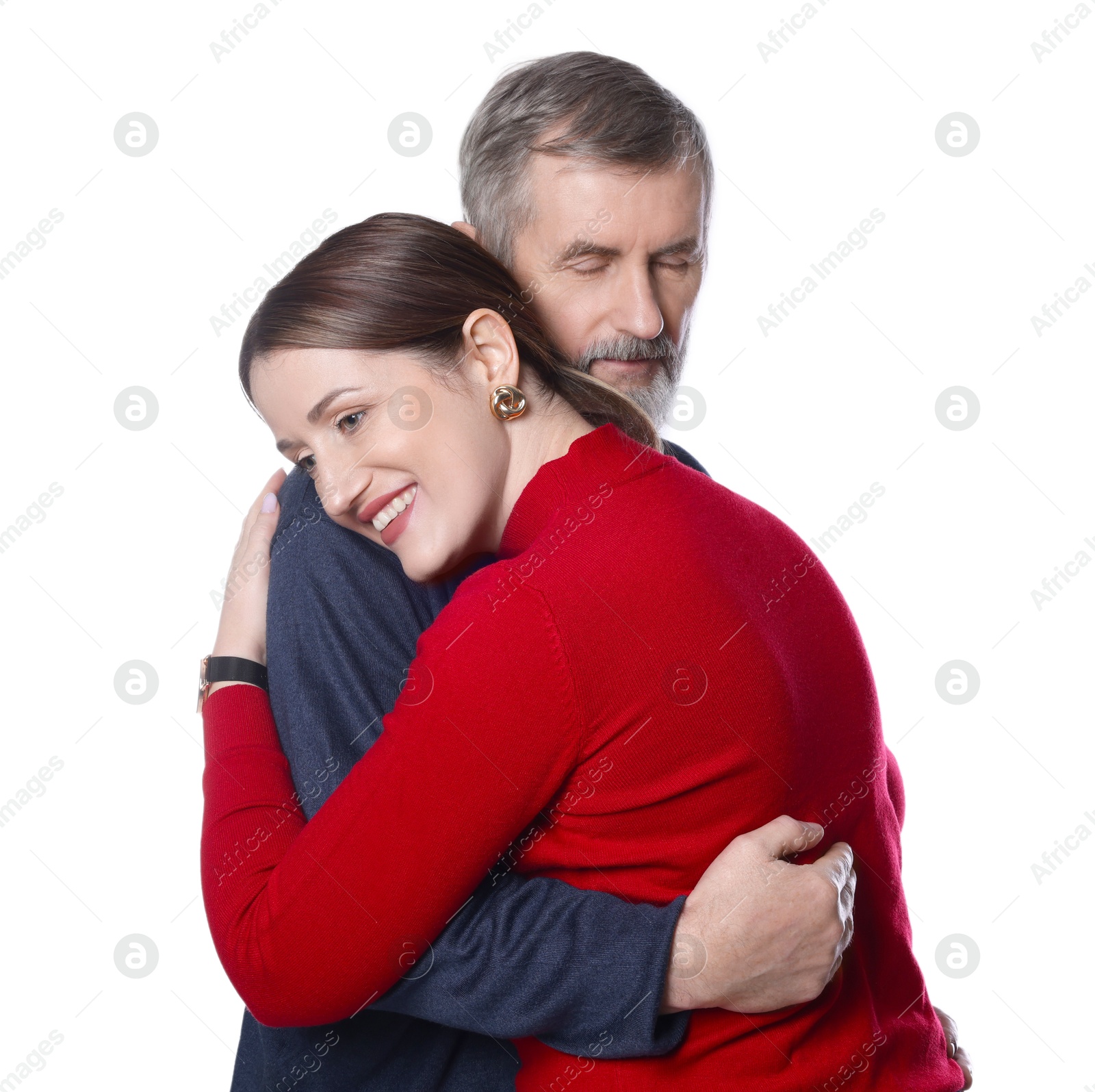 Photo of Happy daughter hugging her father on white background