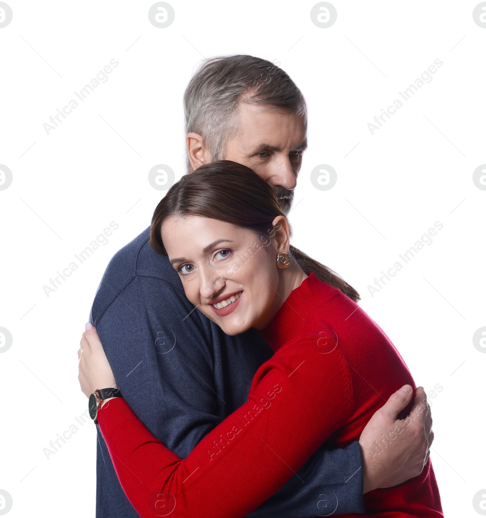 Photo of Happy daughter hugging her father on white background