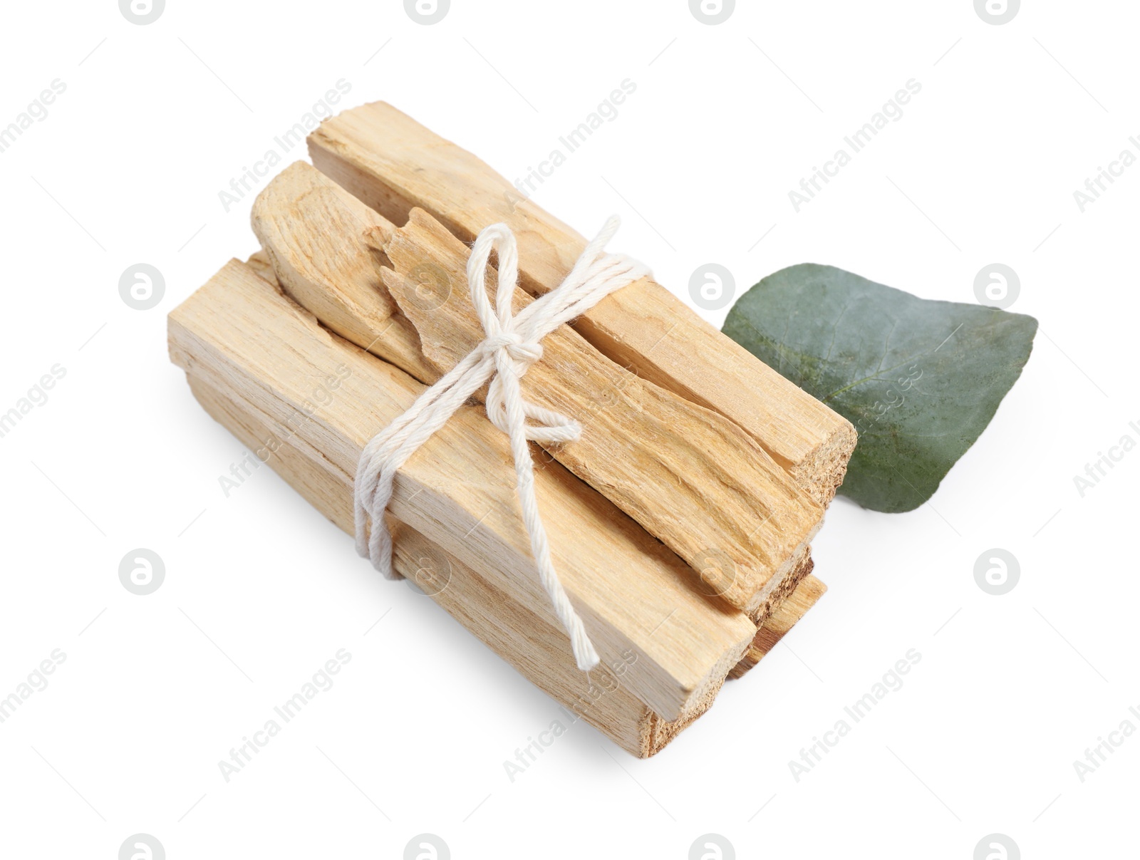 Photo of Palo santo sticks and eucalyptus leaf isolated on white