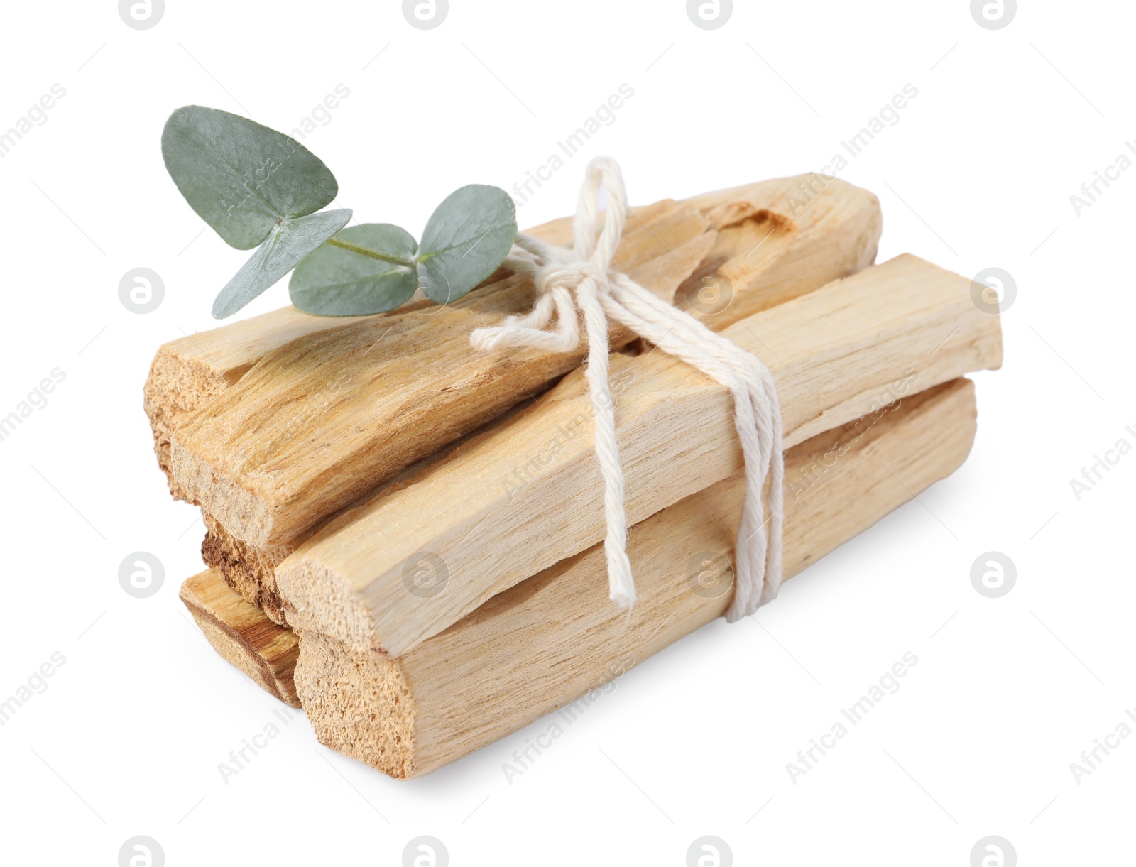 Photo of Palo santo sticks and eucalyptus branch isolated on white