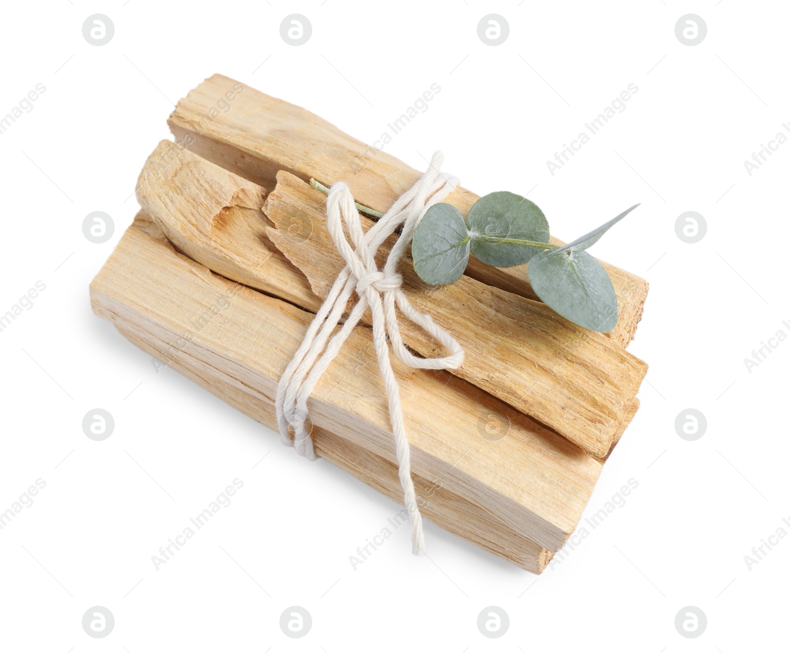 Photo of Palo santo sticks and eucalyptus branch isolated on white, above view