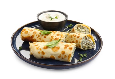 Photo of Delicious crepes with cottage cheese, spinach and sour cream isolated on white