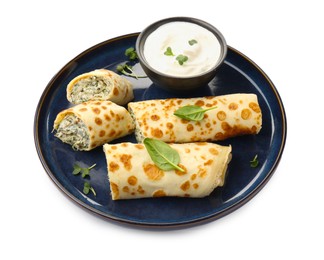 Photo of Delicious crepes with cottage cheese, spinach and sour cream isolated on white