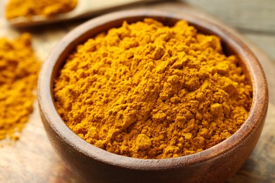 Photo of Turmeric powder in bowl on table, closeup