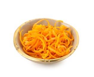 Photo of Fresh orange zest in bowl isolated on white