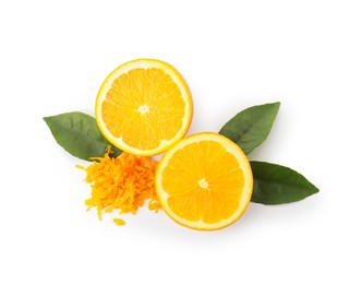 Photo of Pile of fresh orange zest, cut fruit and leaves isolated on white, top view