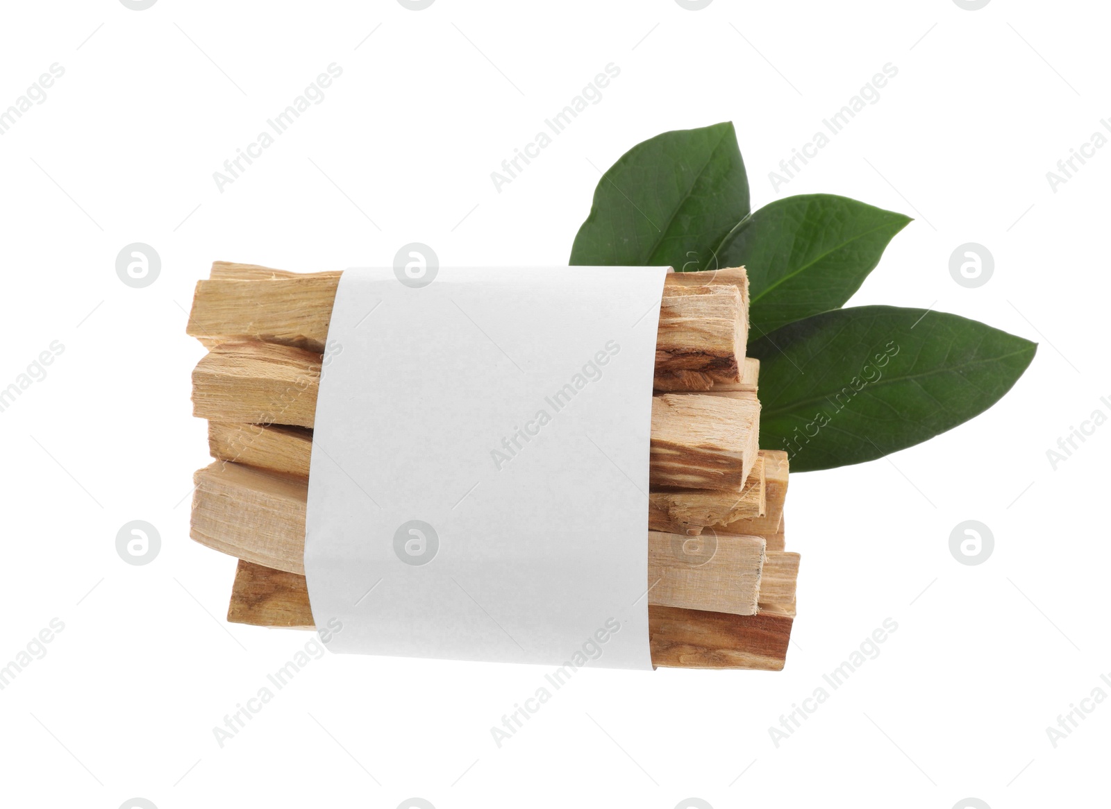 Photo of Palo santo sticks wrapped in paper and green leaves on white background