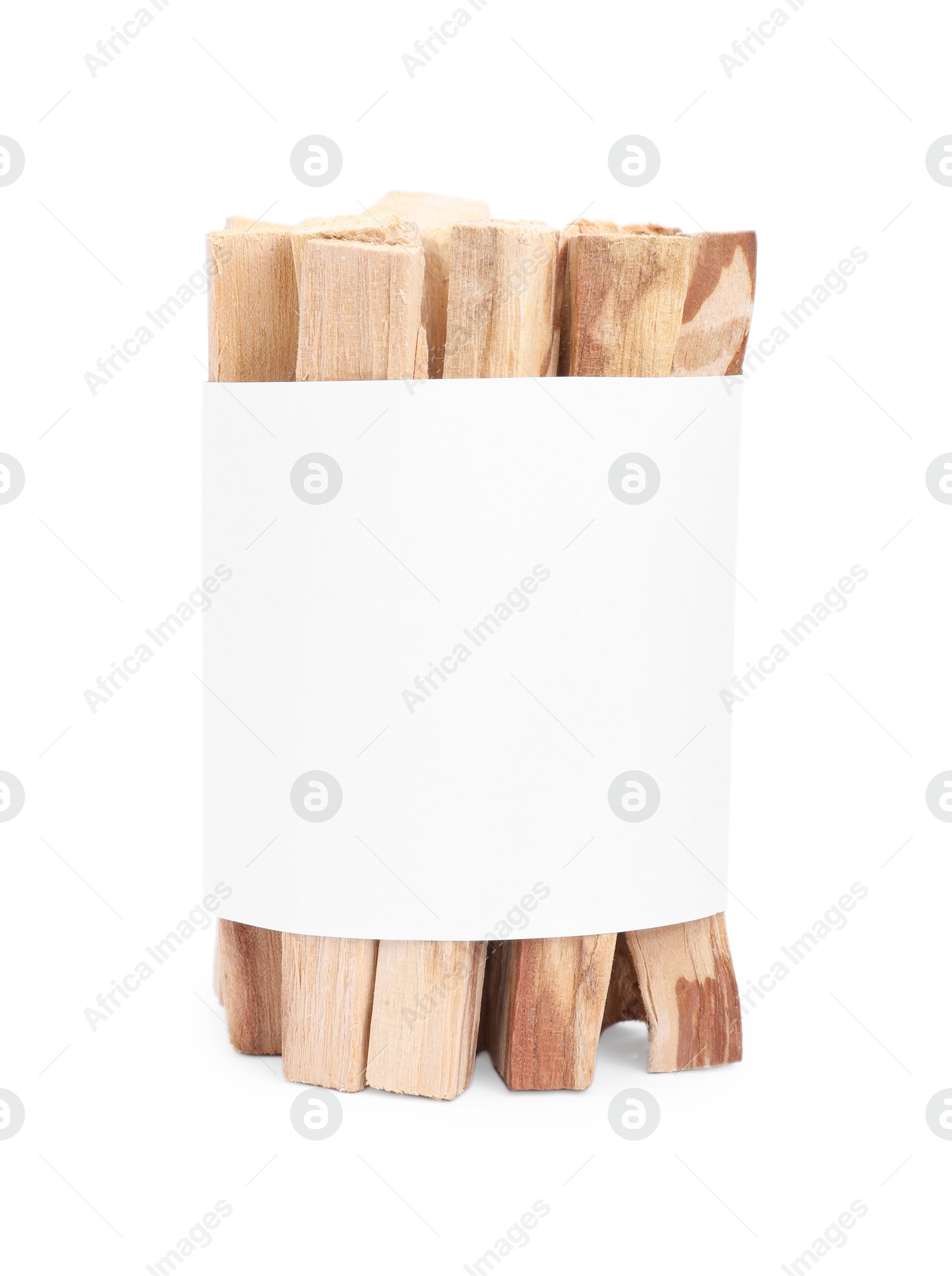 Photo of Palo santo sticks wrapped in paper on white background