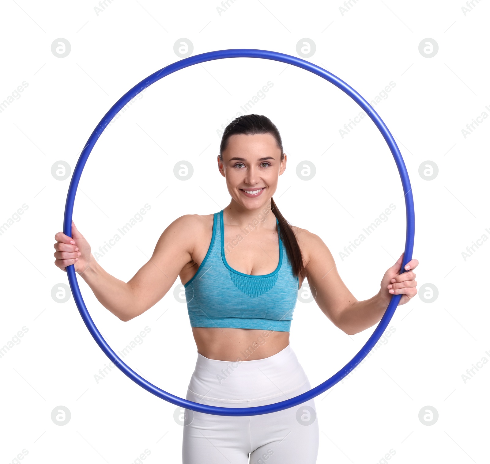 Photo of Smiling woman with hula hoop on white background