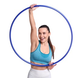 Photo of Smiling woman with hula hoop on white background