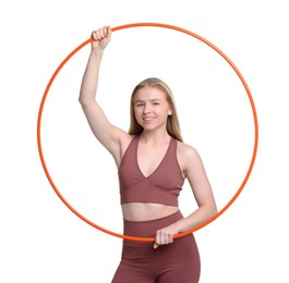 Photo of Beautiful young woman with hula hoop isolated on white