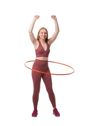 Photo of Beautiful young woman exercising with hula hoop on white background