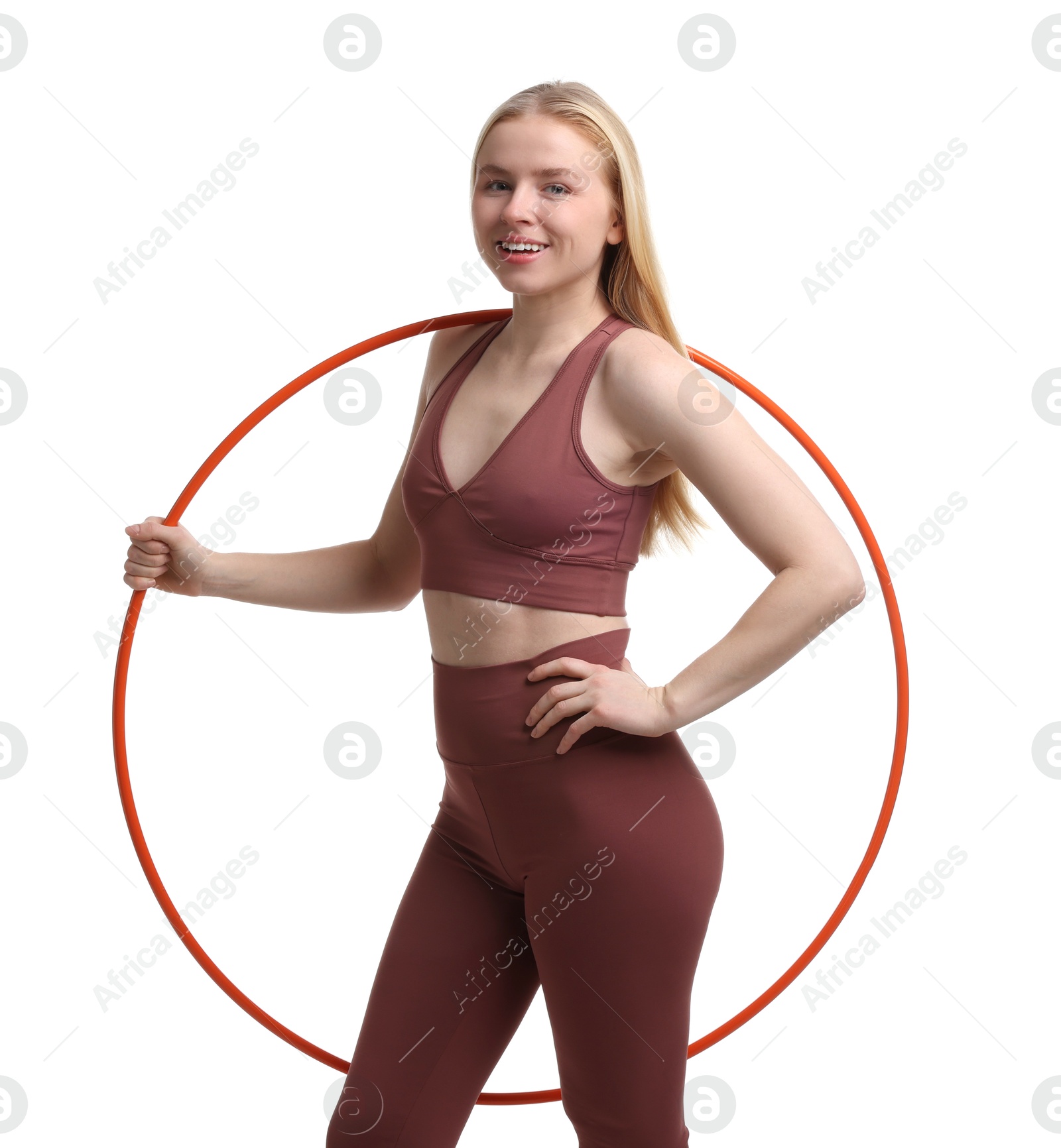 Photo of Beautiful young woman with hula hoop isolated on white