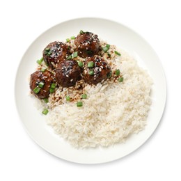 Photo of Delicious rice with meatballs, sauce and green onions isolated on white, top view