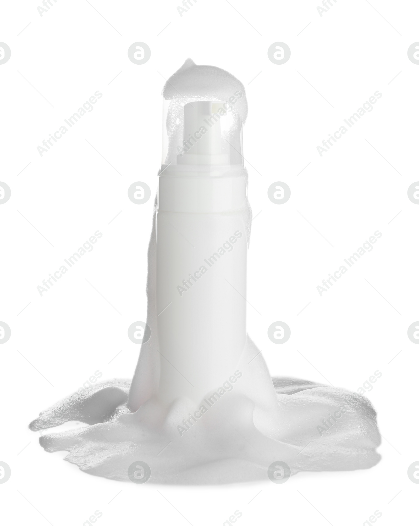 Photo of Bottle of cosmetic product with foam isolated on white