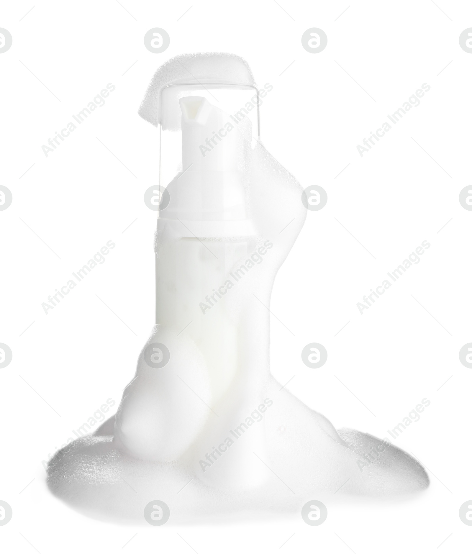 Photo of Bottle of cosmetic product with foam isolated on white